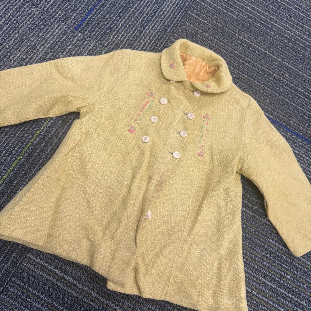 Vintage Herringbone Coat Kids 2T Yellow Fair Embroidered Double Breasted Retro